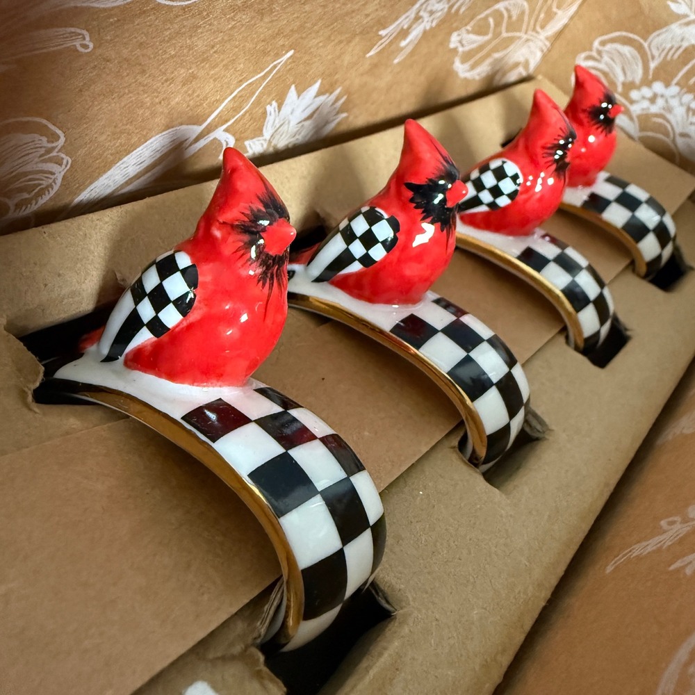 Mackenzie-Childs Cardinal Toile Napkin Rings Porcelain Set Of 4 Black White